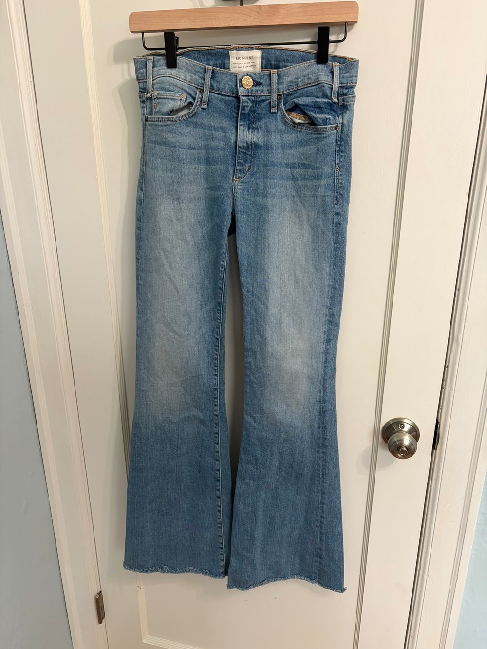 McGuire Denim Majorelle Flare Jeans Starlite Wash Size 26 Raw Hem